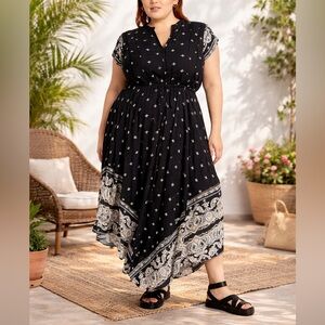 City Chic Black & White Short Sleeve Boho Maxi Dress |Elastic Waist |Flowy Sz 14